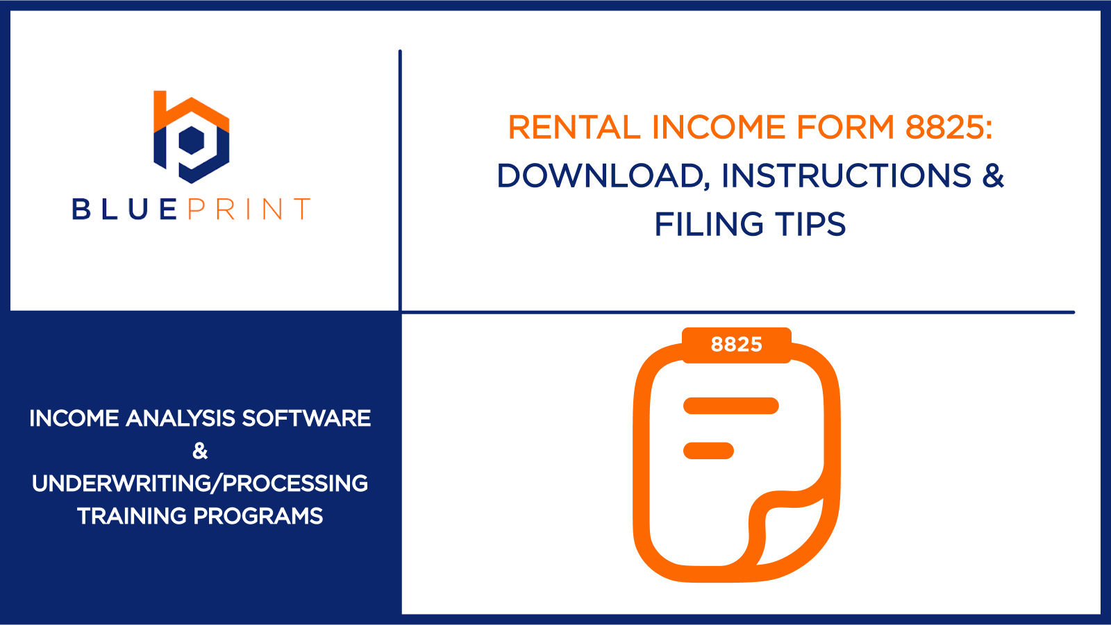 Blueprint blog image with Form 8825 icon and title about downloading and filing IRS Form 8825 for rental income.