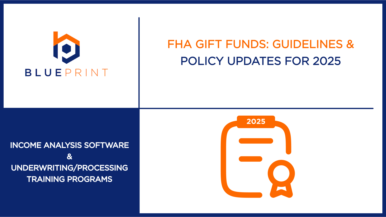 A Blueprint blog cover displays the title “FHA Gift Funds: Guidelines & Policy Updates for 2025” with a 2025 certificate icon