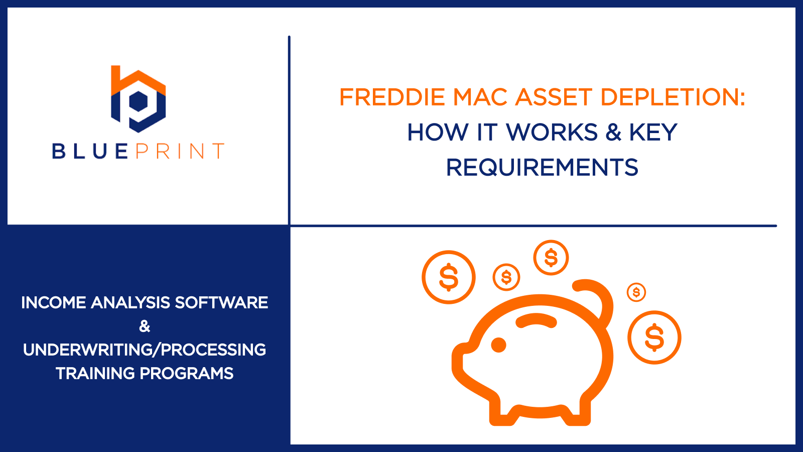 A Blueprint blog cover displays the title “Freddie Mac Asset Depletion: How It Works & Key Requirements” with a piggy bank and dollar signs icon