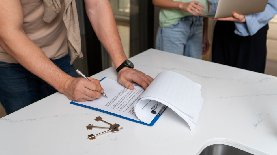 A person signs paperwork on a kitchen counter with house keys nearby while two others hold a laptop